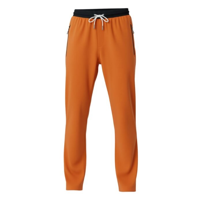 Bright orange jogger pants with a black waistband and white drawstring, featuring zipper pockets on the sides