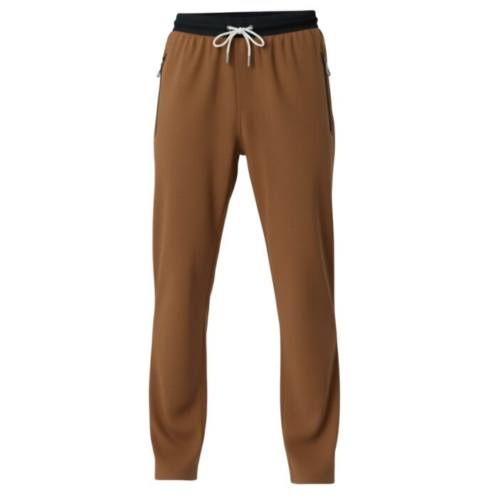 Brown jogger pants with a black waistband and white drawstring, featuring zipper pockets on the sides.