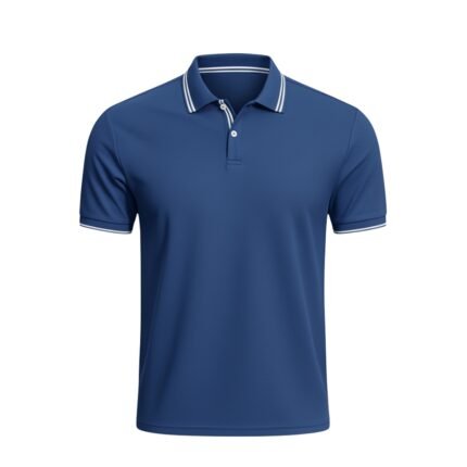 Men’s navy badminton polo shirt with striped collar and button placket