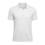 Men’s white polo shirt with short sleeves and textured wavy geometric print, featuring a button-up collared neckline