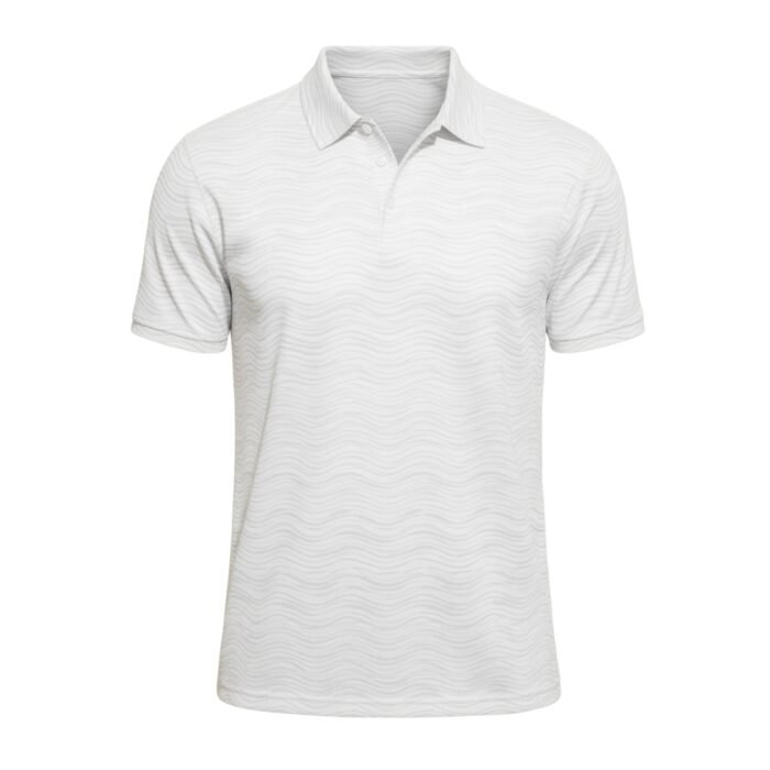 Men’s white polo shirt with short sleeves and textured wavy geometric print, featuring a button-up collared neckline