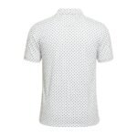 White polo shirt with a blue dotted printed pattern, short sleeves, and a classic collar