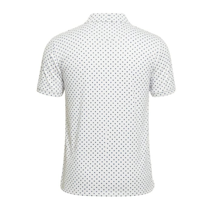 White polo shirt with a blue dotted printed pattern, short sleeves, and a classic collar