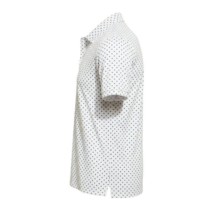 White polo shirt with a blue dotted all-over print, short sleeves, and a collared neckline