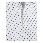 White polo shirt with an all-over blue dotted print, collared neckline, and short sleeves with a button placket