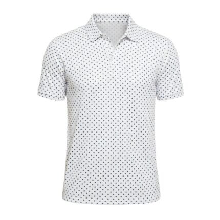 with an all-over blue dot pattern and fold-over collar
