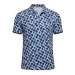 Men’s navy polo shirt with a white and light-blue grid print, collared neckline, and short sleeves with a button placket.