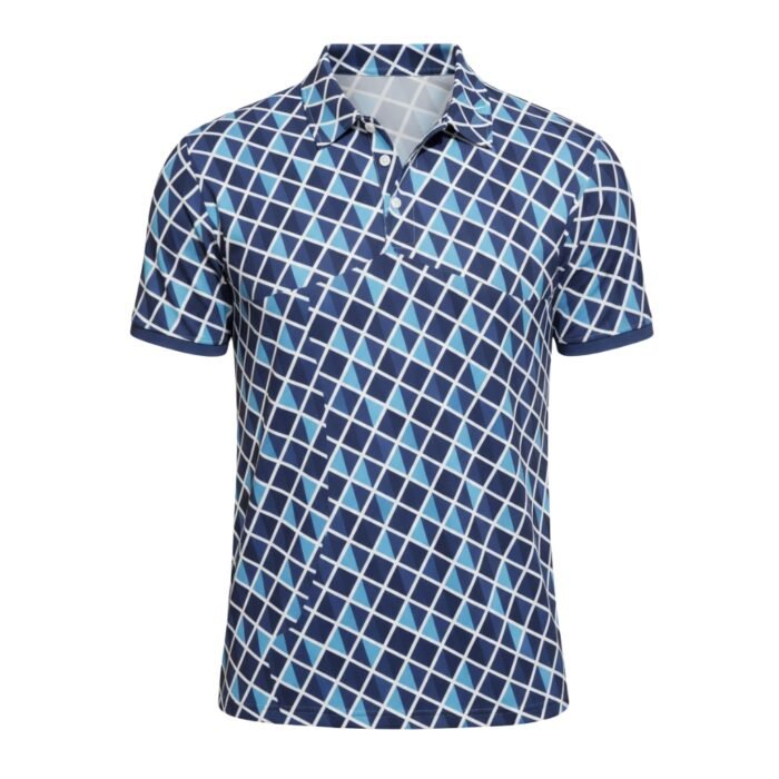 Men’s navy polo shirt with a white and light-blue grid print, collared neckline, and short sleeves with a button placket.