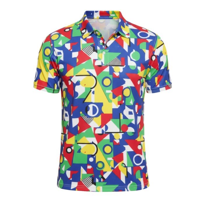 Men’s short-sleeve polo shirt with a collared neckline, button placket, and an all-over colorful abstract print.