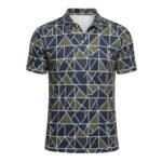 Men’s short-sleeve badminton polo shirt with a collared neckline, button placket, and all-over geometric abstract print in navy, white, and olive green.