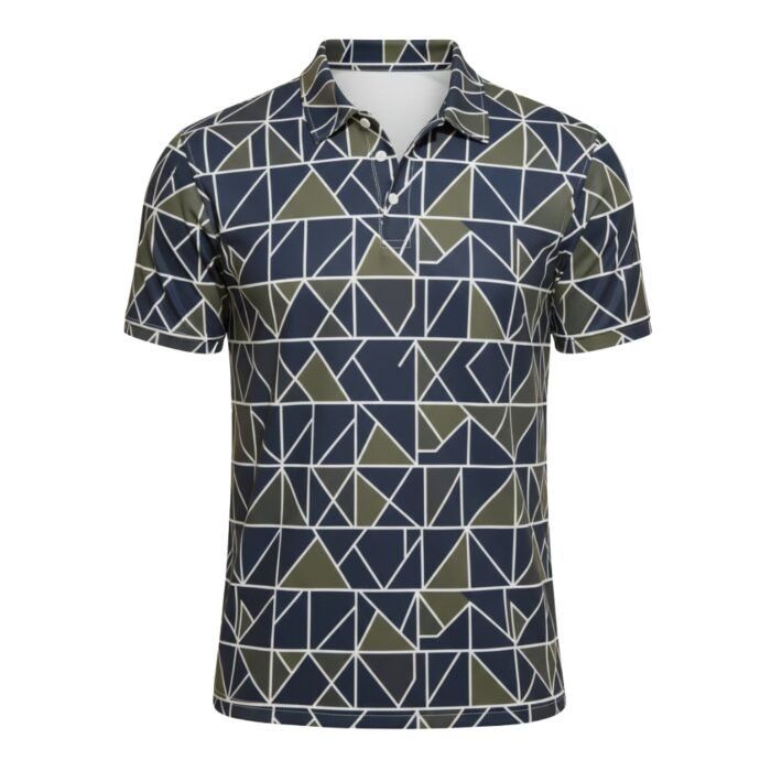 Men’s short-sleeve badminton polo shirt with a collared neckline, button placket, and all-over geometric abstract print in navy, white, and olive green.