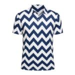 Men’s badminton printed polo shirt in navy and white chevron pattern with button-up collar.