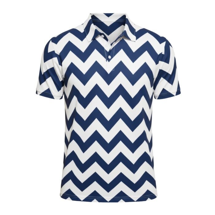 Men’s badminton printed polo shirt in navy and white chevron pattern with button-up collar.
