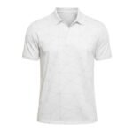 Men’s badminton printed polo shirt in white with an all-over geometric mesh pattern and button-up collar.