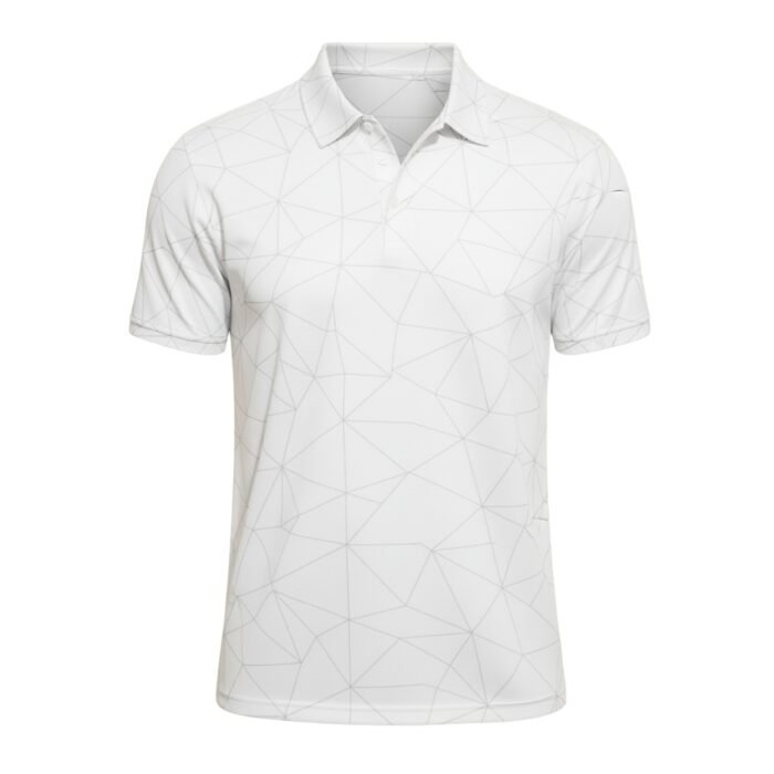 Men’s badminton printed polo shirt in white with an all-over geometric mesh pattern and button-up collar.