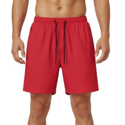 Men wearing red badminton shorts with drawstring waistband.