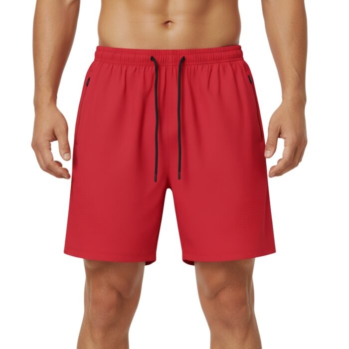Men wearing red badminton shorts with drawstring waistband.