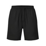 Plain black shorts with an elastic waistband, matching black drawstring, and zippered side pockets.