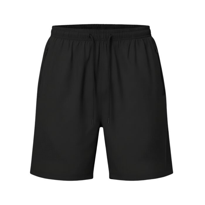 Plain black shorts with an elastic waistband, matching black drawstring, and zippered side pockets.