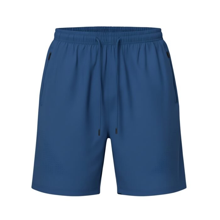 Plain blue shorts with an elastic waistband, matching blue drawstring, and zippered side pockets.