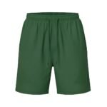 Plain green shorts with an elastic waistband, matching green drawstring, and zippered side pockets.