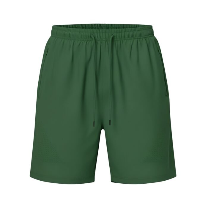 Plain green shorts with an elastic waistband, matching green drawstring, and zippered side pockets.