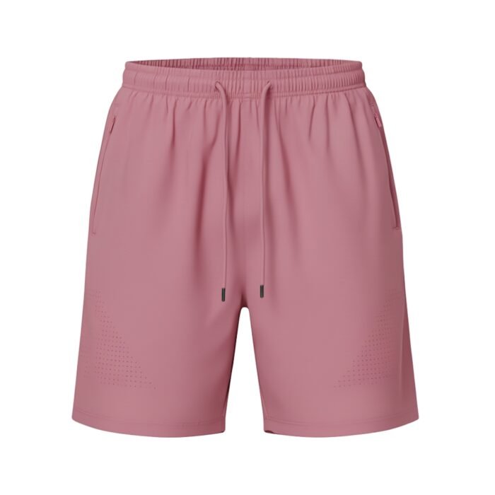 Plain pink shorts with an elastic waistband, matching pink drawstring, and zippered side pockets.