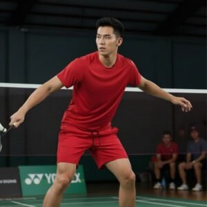 A man in a red tennis outfit playing on an indoor court, lunging forward with a racket in hand.