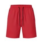 Red athletic shorts with an elastic waistband, black drawstrings, and zippered side pockets on a white background.