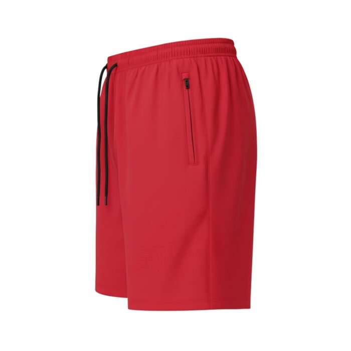 Side view of red men's badminton shorts with zip pocket.