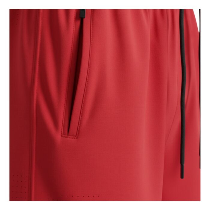 Side view of red men's badminton shorts with zip pocket.