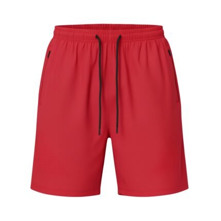 Red athletic shorts with an elastic waistband, black drawstrings, and zippered side pockets on a white background.