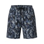 A pair of blue and gray camouflage-patterned shorts with an elastic waistband and black drawstring.