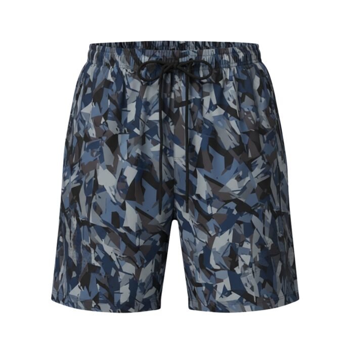 A pair of blue and gray camouflage-patterned shorts with an elastic waistband and black drawstring.