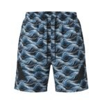 A pair of shorts with a flowing blue wave pattern, elastic waistband, and black drawstring.
