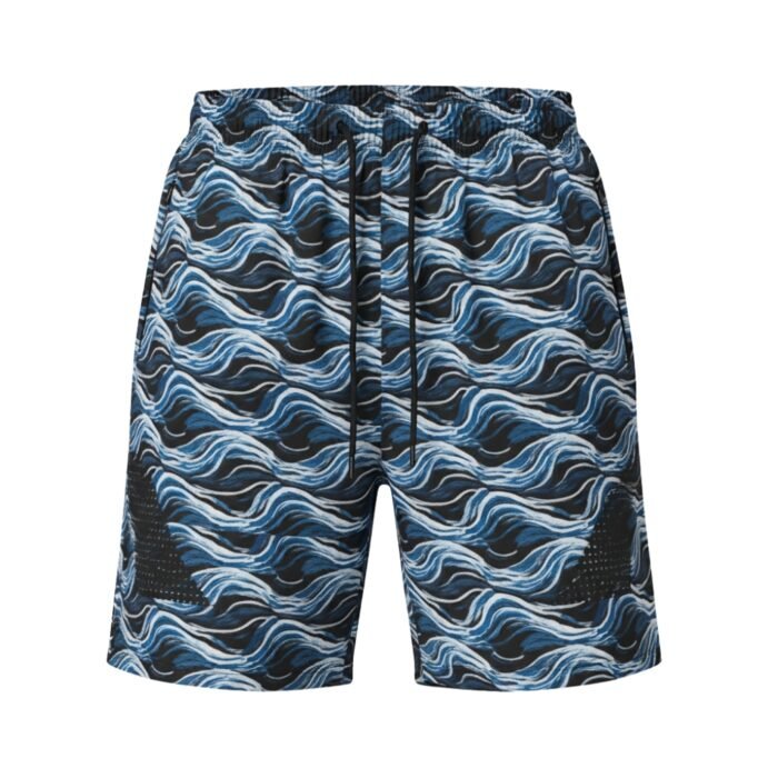 A pair of shorts with a flowing blue wave pattern, elastic waistband, and black drawstring.