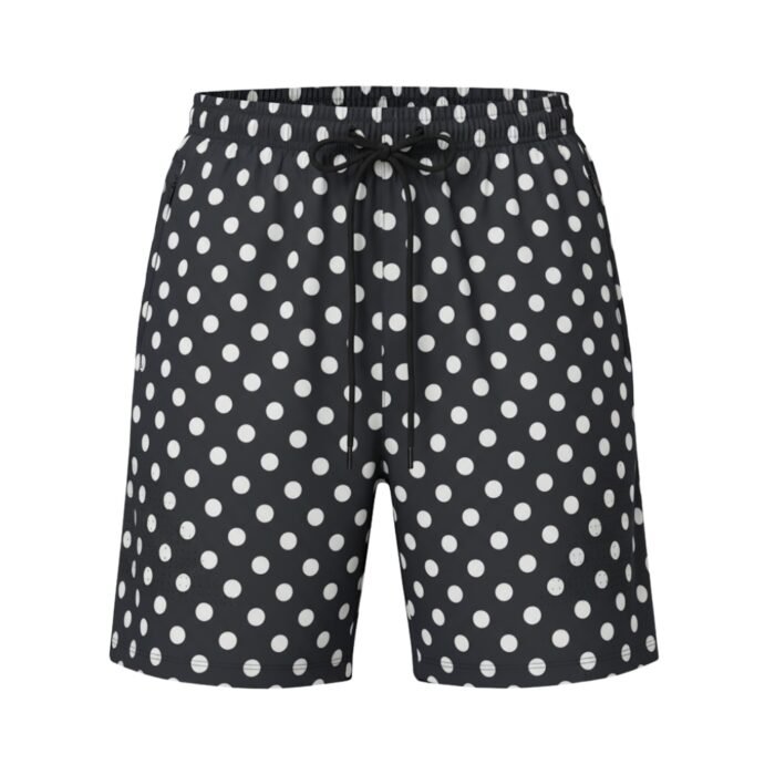 Black shorts with a white polka dot pattern, elastic waistband, and black drawstring.