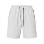 Plain white shorts with an elastic waistband, black drawstring, and zippered side pockets.