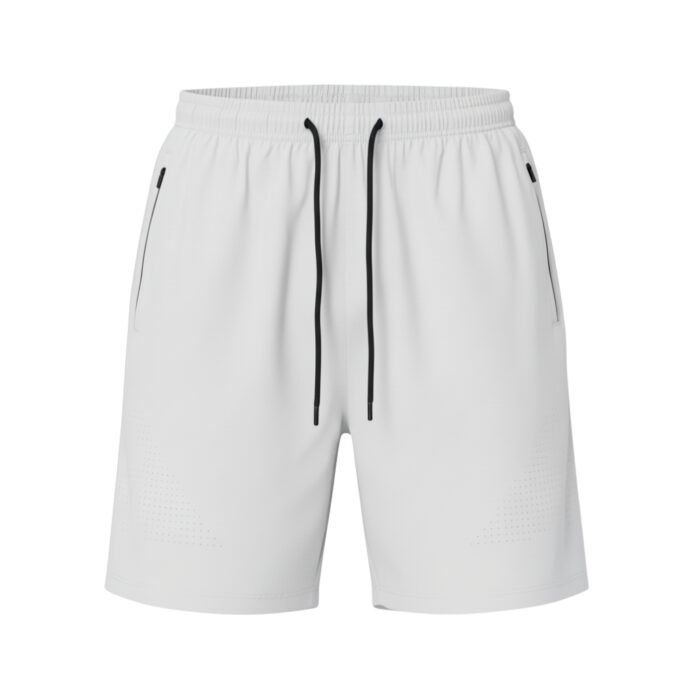 Plain white shorts with an elastic waistband, black drawstring, and zippered side pockets.