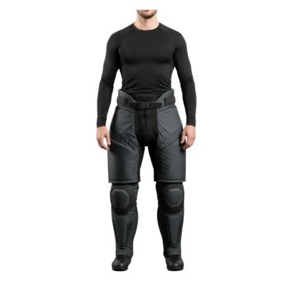 A person wearing black tactical padded pants with knee protection and a matching fitted black long-sleeve shirt.