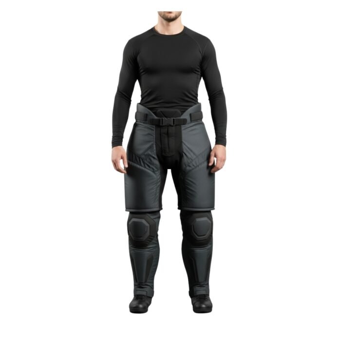 A person wearing black tactical padded pants with knee protection and a matching fitted black long-sleeve shirt.