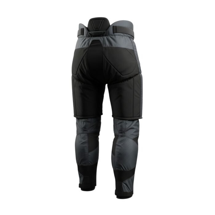 Rear view of black tactical padded pants with reinforced panels and knee coverings.
