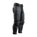 Side view of black tactical padded pants with integrated knee protection and an adjustable belt