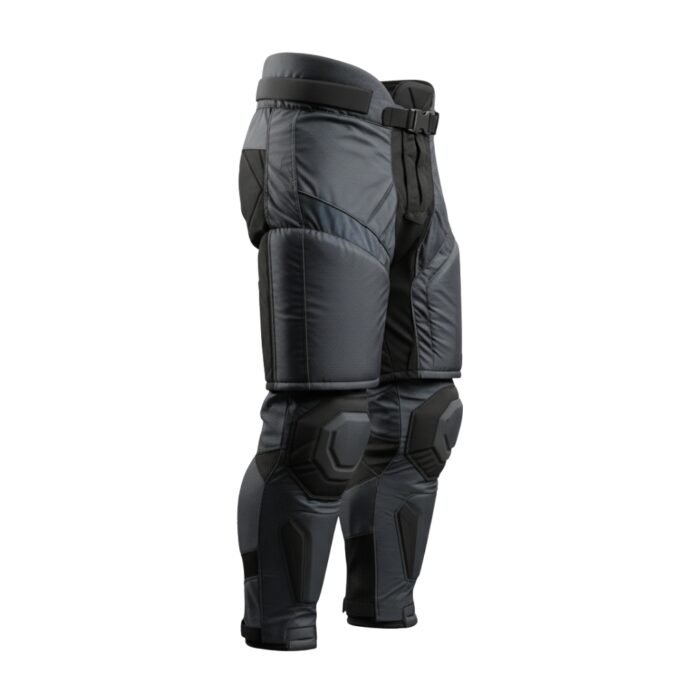 Side view of black tactical padded pants with integrated knee protection and an adjustable belt