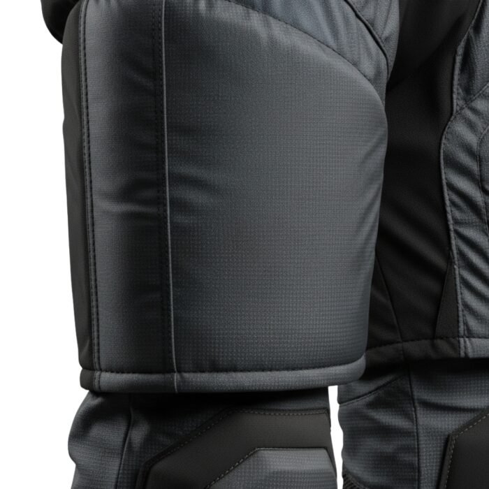 Close-up view of the padded thigh section on black tactical pants with detailed stitching.
