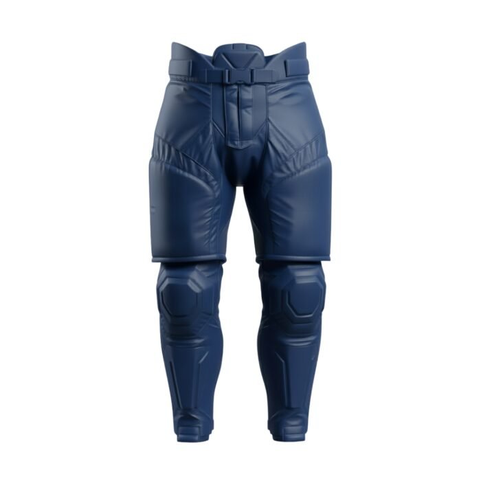 A pair of blue armored tactical pants featuring reinforced padding and a secured belt design.