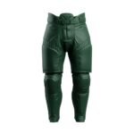 A pair of green armored tactical pants with reinforced padding and a secured belt design.