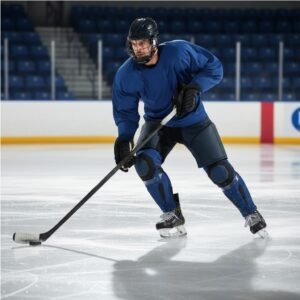 A hockey player in a blue jersey and protective gear skating on an ice rink, holding a hockey stick and controlling the puck