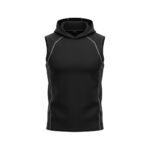A sleeveless black hoodie with gray outlining details, providing a minimalist and streamlined look