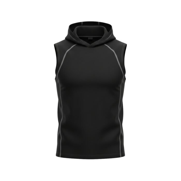 A sleeveless black hoodie with gray outlining details, providing a minimalist and streamlined look